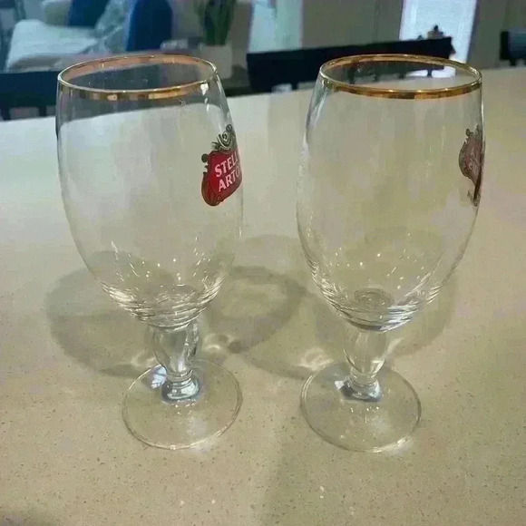 Stella Artois Original Belgium Gold Rimmed Beer Glass Chalice 33CL Set Of 2 - Picture 2 of 8